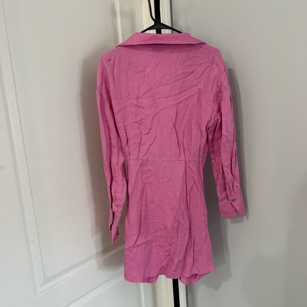 Sandro Elvira Asymmetric Pleated Shirt Dress Pink Plunge Neckline Size 36 - Picture 9 of 10